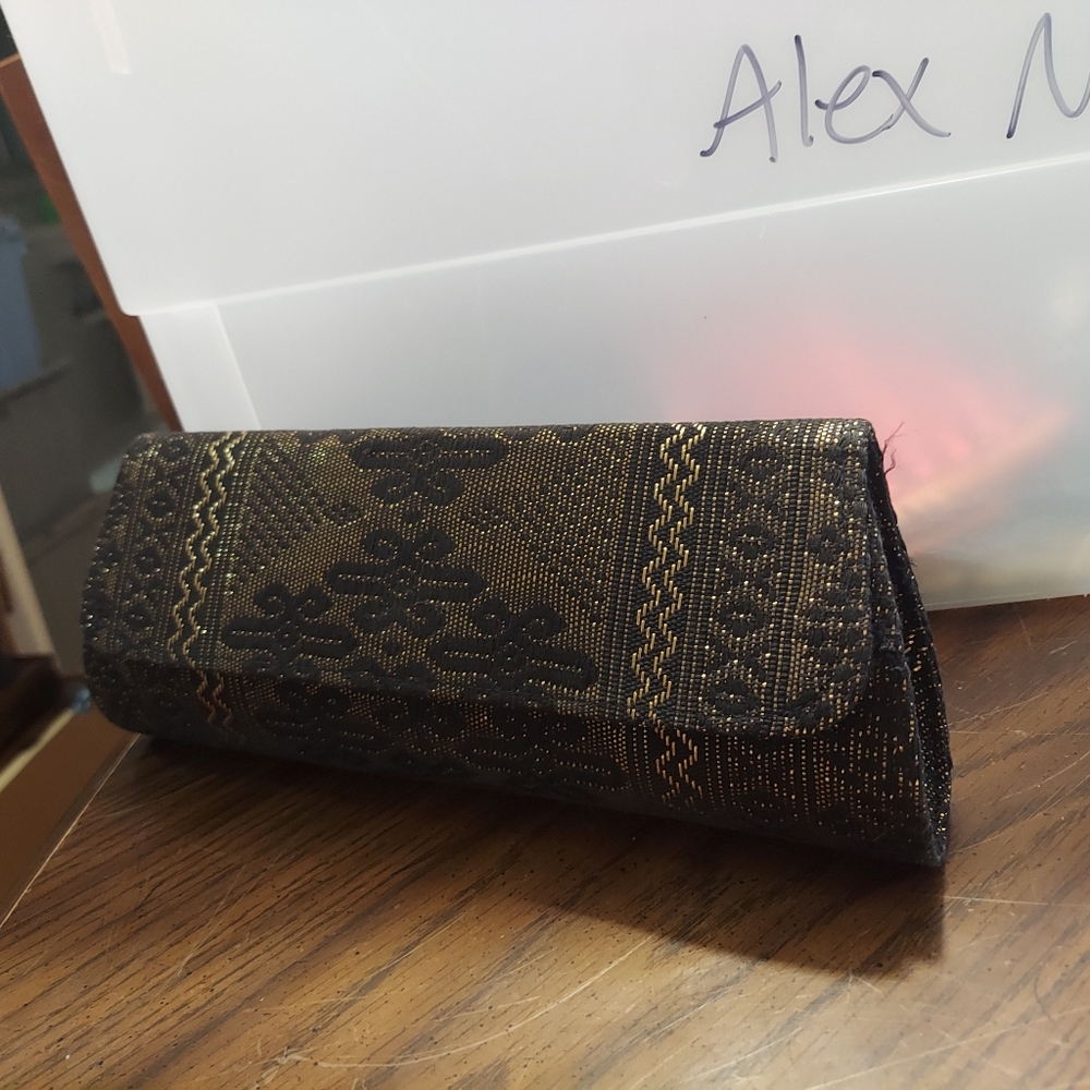 Vintage Women's Clutch Floral Tapestry Fold Black And Gold Evening Bag